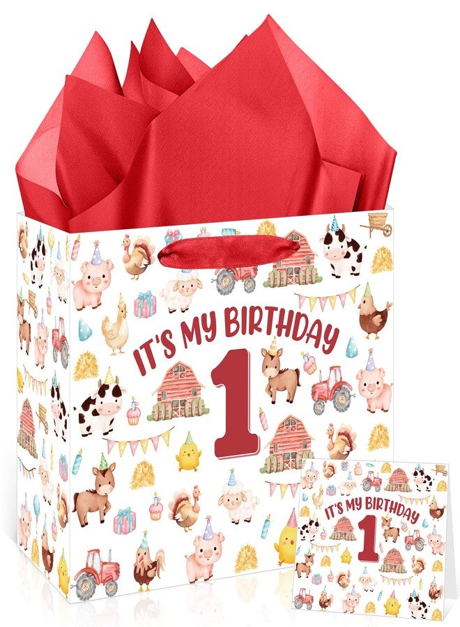 Woosytoo Farm Animal 1st Birthday Gift Bag Large Farmhouse First Birthday Gift Bag with Wrapping Paper and Card for Baby Boys Girls Newborn Baby Shower Farm Themed One Year Old Bday Party Supplies - Image 1
